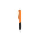A ballpoint pen with an orange body, black grip, and silver tip, isolated on a white background.