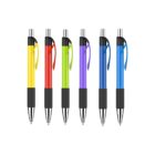 Six colorful pens in a row, featuring yellow, red, green, purple, blue, and light blue barrels. Each pen has a black grip, click-top mechanism, and clip.