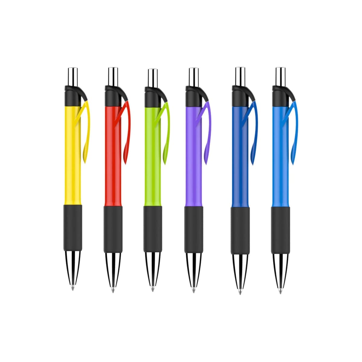 Six ballpoint pens in a row, each with a different transparent barrel color: yellow, red, green, purple, blue, and dark blue. All have silver clips, black grips, and black tips.