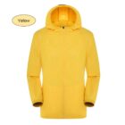 A bright yellow hooded jacket with a front zipper is displayed against a white background. There is a Yellow label on the top left corner.