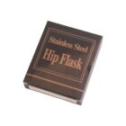 A closed black box with Stainless Steel Hip Flask printed in copper-colored text on the front.