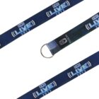 Close-up of a blue lanyard with white text LIVE 2013 and a logo. The lanyard has a metal ring attached and the partial text MOBILE on one section. The design features a pattern with electronic motifs.