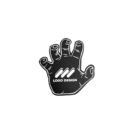 Illustration of a stylized black hand with white outlines and details. The palm displays the text Logo Design beneath three diagonal lines. The background is plain white.