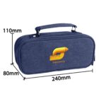 A blue rectangular pencil case with a top handle, featuring a yellow pencil and ruler graphic and the word Stationery. The dimensions are labeled as 240mm in length, 110mm in height, and 80mm in width.