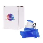 A blue collapsible water bottle next to a white box with a colorful logo.