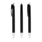 Three black ballpoint pens are standing upright. The pens have silver tips and sleek, modern designs with black clips. Each pen is shown from a different angle: front, back, and side.