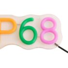 Colorful neon-style numbers on a white background: Orange P, green 6, and pink 8, partially framed on a shiny surface with a black wire extending from the bottom right corner.
