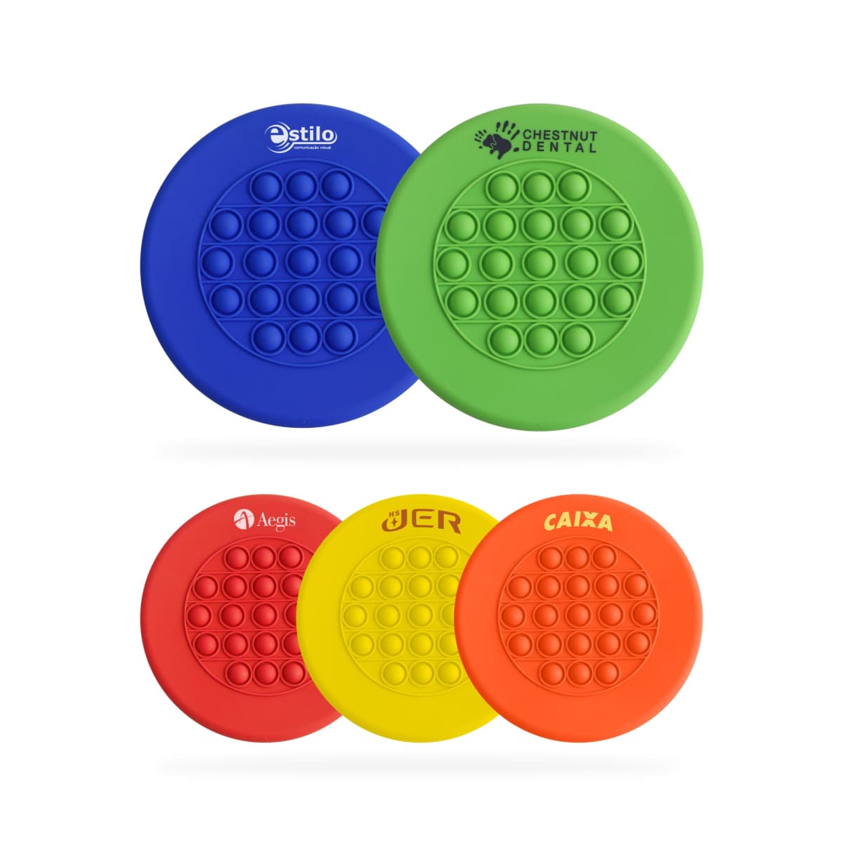 Five circular pop-it fidget toys in blue, green, red, yellow, and orange. Each toy has branding printed on it, with bubble patterns covering their surfaces.