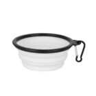 Collapsible white silicone bowl with a black rim and a carabiner attached for easy transport.