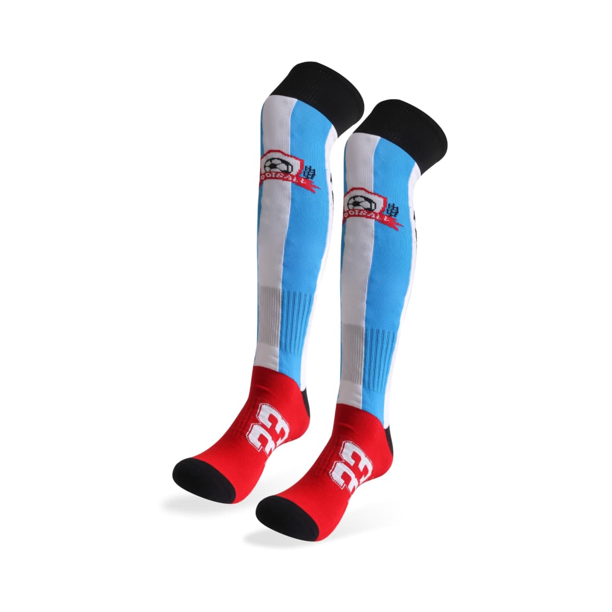 A pair of knee-high socks featuring a blue and white design with black tops and red heels and toes. The socks display a cartoon character and text on the front and a white GG logo on the soles.