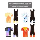 Illustrated cycling suits with different geometric and abstract designs in various colors, including orange, blue, black, and white. A text bubble at the top highlights sublimation printing for brand exposure.