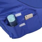 A blue fabric chair with two pockets on the side. One pocket holds a cylindrical water bottle with a light blue cap, and the other contains a smartphone. The pockets have Velcro flap closures.