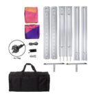 Collapsible backdrop kit with two colorful fabrics, aluminum frame parts, power cord with AU plug, carrying bag, and two brackets, arranged for display.