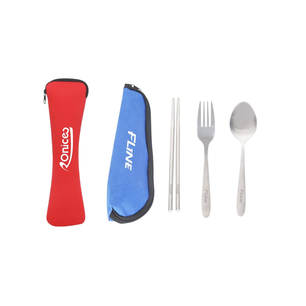 A red case and a blue case are shown next to a pair of metal chopsticks, a fork, and a spoon. The red case is branded Ronice and the blue case Fline. The utensils are silver and metallic.
