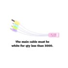 Four colored cables (yellow, green, blue, purple) branching from a pink connector labeled BEAN LIEVE on a white background. Text below reads, The main cable must be white for qty less than 3000.