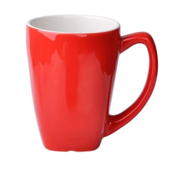 A bright red ceramic mug with a glossy finish, featuring a large handle on the right side. The mug is empty and set against a plain white background.
