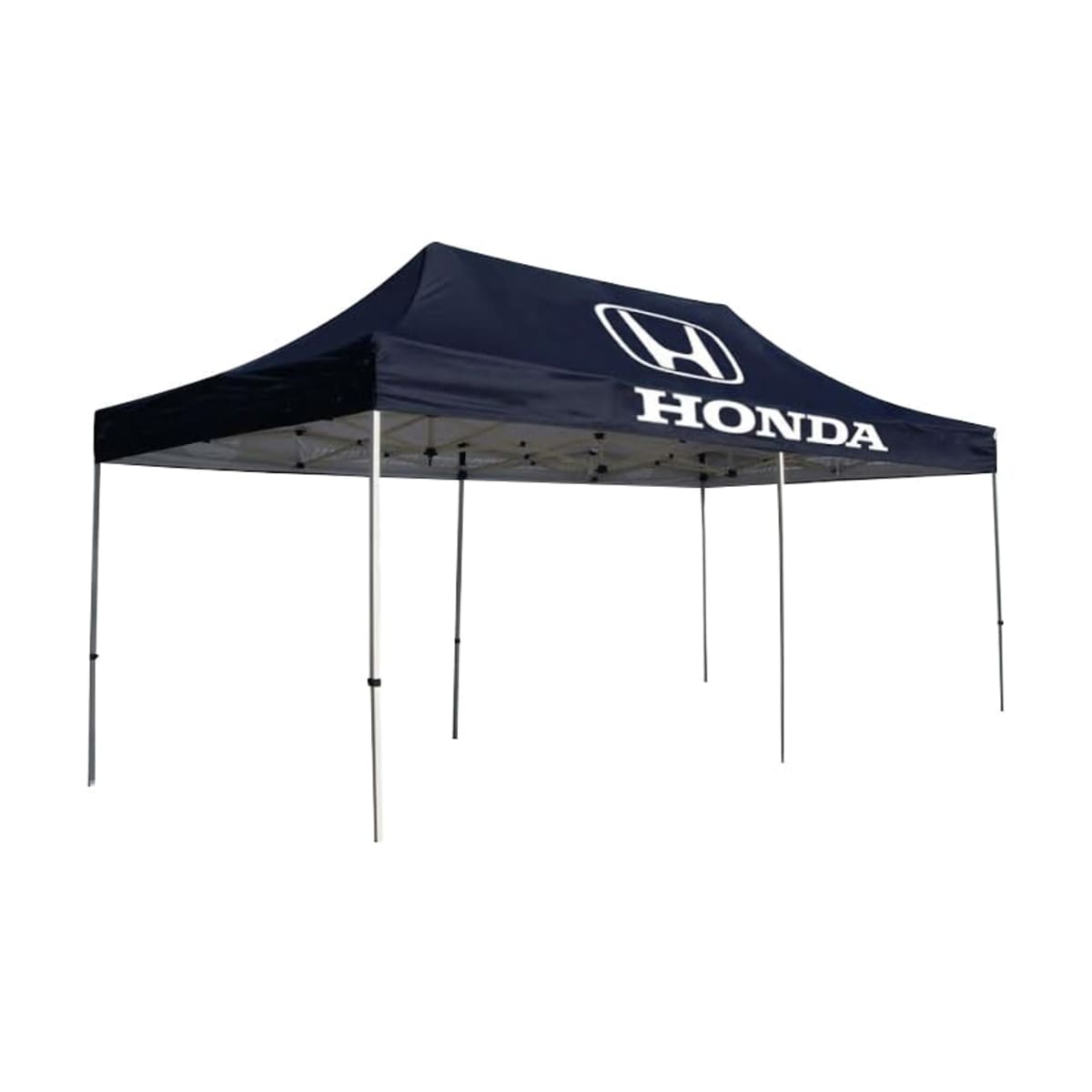 A large blue canopy tent with a peaked roof, supported by metal poles. The tent displays the Honda logo and the word HONDA prominently on the roof fabric.