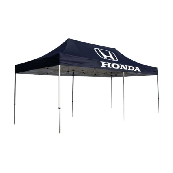 A blue pop-up tent with the Honda logo and name printed in white on the canopy, supported by four metal legs. The canopy is shaped with a peak in the center.