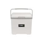 White cooler with a gray handle and lid, featuring a Cumbria logo on the front.