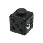 A black fidget cube with various interactive features, including buttons, a switch, a joystick, a rolling ball, and dials, designed for stress relief and focus.
