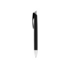 A sleek black pen with a silver clip and tip is positioned vertically on a plain white background. The pen has a modern design, featuring a smoothly tapered barrel and a pointed end for writing.