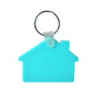 A turquoise keychain shaped like a house with a chimney is attached to a metal ring. The keychain has a simple design and is isolated on a white background.