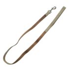 A brown dog leash with a loop handle and a metal clip at the end, designed for attaching to a dogs collar. The leash has a pattern along the handle section. It is laid out flat on a white background.