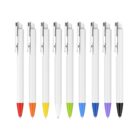 Nine ballpoint pens are arranged vertically in a row. Each pen has a white body and a differently colored tip: red, orange, yellow, green, light blue, blue, purple, pink, and black.