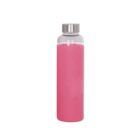 A transparent glass water bottle filled with a bright pink liquid. The bottle has a silver screw-on cap and is standing upright against a plain white background.