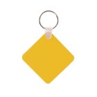 A yellow diamond-shaped keychain with a white attachment and a metal ring at the top.