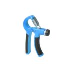 A blue hand grip strengthener with black rubber grips and a metal spring on a white background.