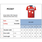 Image of a size chart for PCC027, a reversible unisex polyester jersey. The chart lists shoulder width, chest width, and total length for sizes S to 5XL. The jersey pictured is red with a hexagonal pattern and a Sponsor logo.