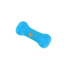 Blue bone-shaped dog toy with a small orange logo at the center.