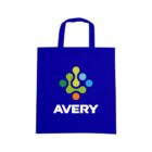 Blue reusable tote bag with a colorful abstract logo and the name AVERY printed in white below the design.