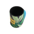 A colorful drink koozie with a tropical leaf pattern and the word summer partially visible, shown from a top angle.