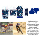 Two cycling jerseys and a pair of shorts with abstract blue and pink designs, customizable with brand names or slogans. Below are two cyclists racing on road bikes, showcasing different cycling attire and dynamic motion.