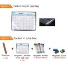 Comparison of two packaging options for a magnetic calendar set. Option A: Calendar in an opp bag. Option B: Tube box containing a calendar, magnetic markers in various colors, and magnetic erasers. Images show the packaging and contents.