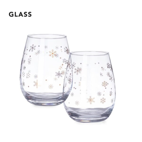 Two clear stemless glasses with snowflake designs in silver and gold. The background is plain white, and the word GLASS is written in the top left corner.