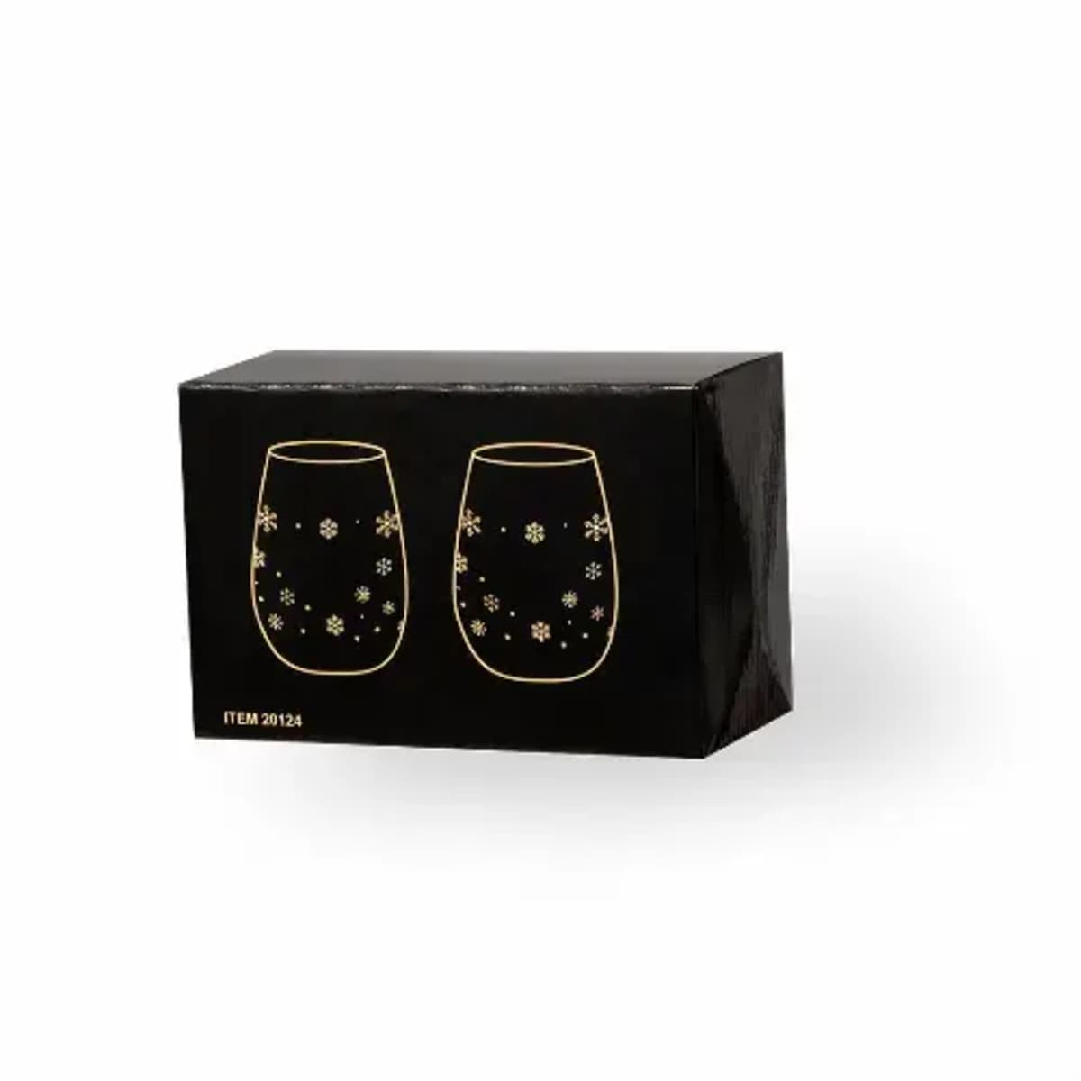 A black cardboard box featuring a gold outline illustration of two stemless wine glasses adorned with star and spark pattern designs. The text ITEM 20124 is visible at the bottom left corner of the box.