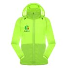 Bright neon green running jacket with a hood, featuring a front zipper and long sleeves. The word RUNNING and a small graphic design are printed on the left chest area.