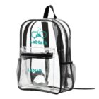 Clear backpack with black trim, front pocket, side mesh pockets, and Labtalk logo.