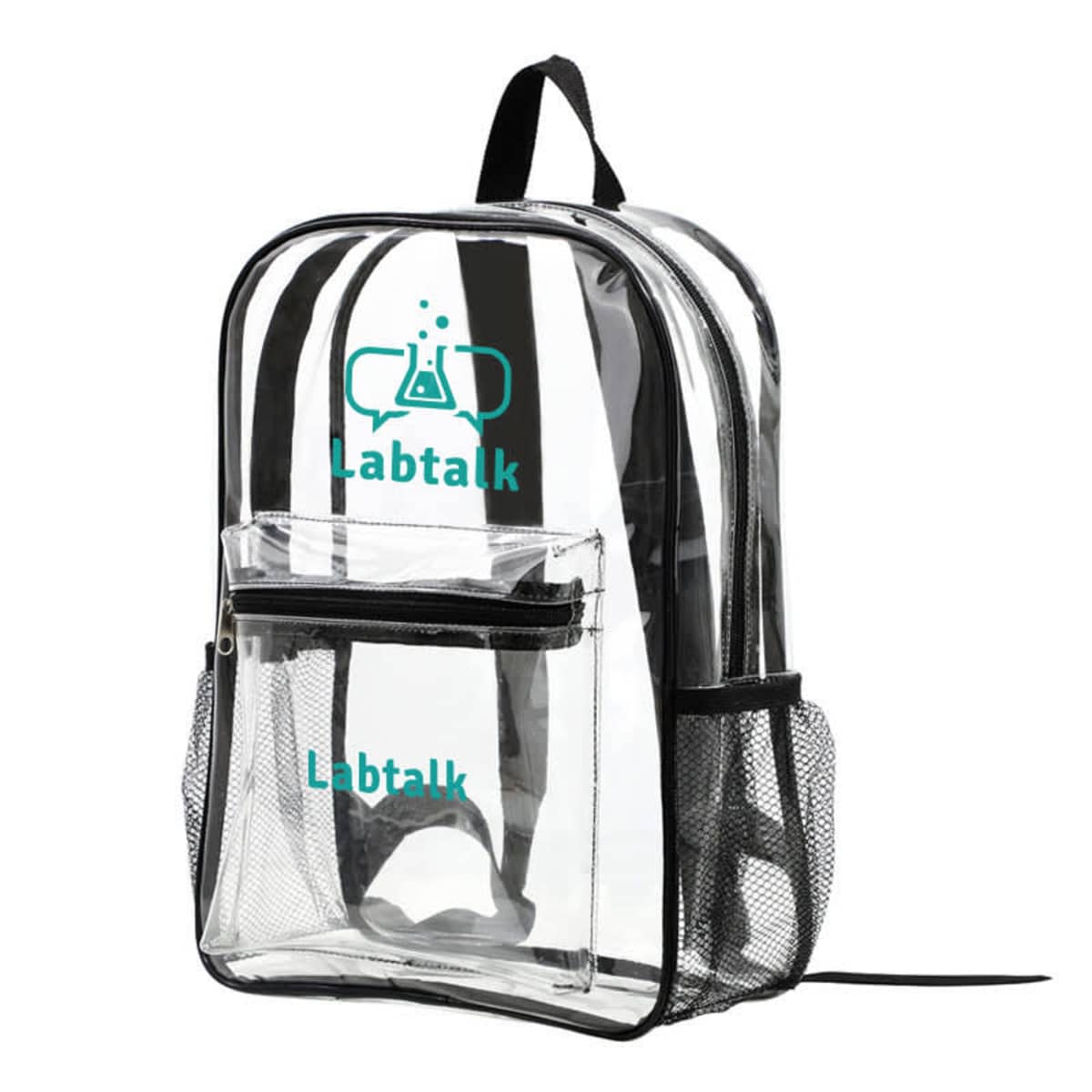 Clear backpack with black trim, front pocket, side mesh pockets, and Labtalk logo.
