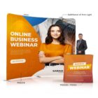 A promotional display for an online business webinar featuring a woman in an orange top. Includes a stand with text, GET STARTED, and two smaller showcases. A man poses beside the display as an additional detail.
