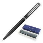 A sleek black pen with a silver clip and tip, positioned diagonally. Below it, a rectangular box with a blue lid is open, revealing the pen inside on a grey interior. The box lid has Waterman written on it.