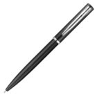 A sleek black ballpoint pen with a silver clip and accents. The pen is positioned diagonally against a white background, with the writing tip pointing downward.