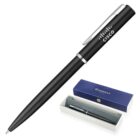 A sleek black pen with Cisco printed on the clip, featuring a shiny silver band near the tip. It is accompanied by a blue Waterman presentation box.