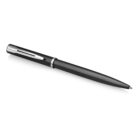 A sleek black ballpoint pen with a metallic clip on the cap, angled slightly to the right against a white background.