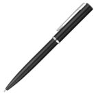 A sleek black ballpoint pen with a silver clip and metallic ring around the middle, oriented diagonally against a white background.