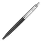A sleek ballpoint pen with a metallic clip featuring an engraved arrow design. The pen body transitions from silver at the top to a black lower half, with a click mechanism at the end.