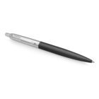 A black ballpoint pen with a silver metallic clip and tip, lying at an angle on a plain white background.